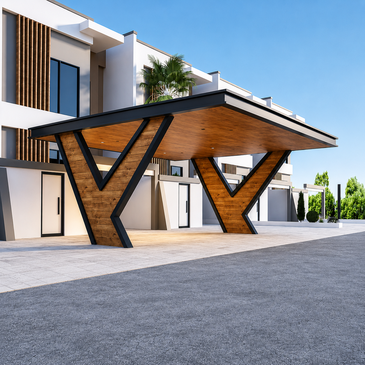 Modern Wooden & Steel Cantilevered Porch Structure