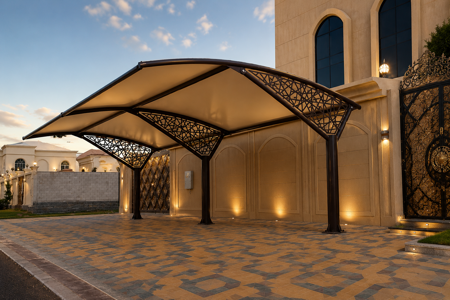 Custom Laser-Cut Tensile Car Parking Shade & Structural Steel Fabrication